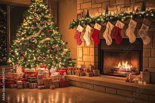 A grand living room decorated for Christmas with a massive tree covered in ornaments and glowing lights. Stockings hang from the fireplace mantle, and gifts of all shapes . photo