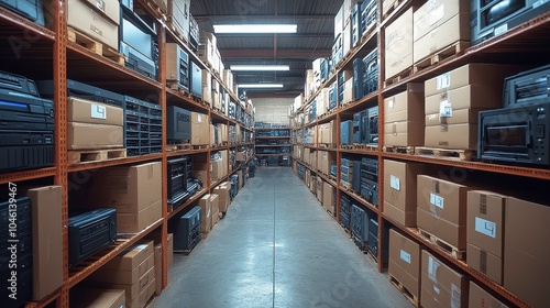 Expansive Warehouse Aisle Filled with Stacked Boxes and Large Printers