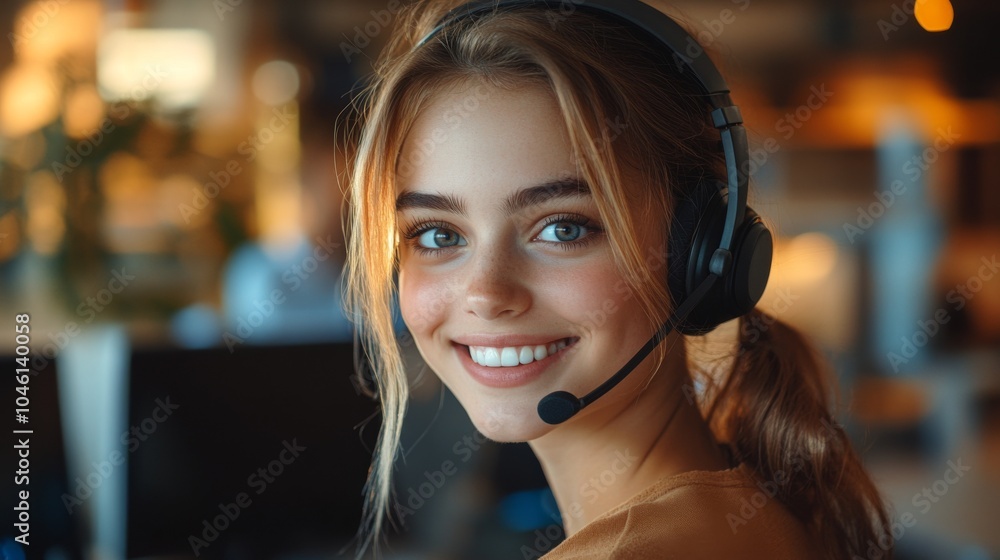 Young woman with headset in tech support Young woman with headset in tech support