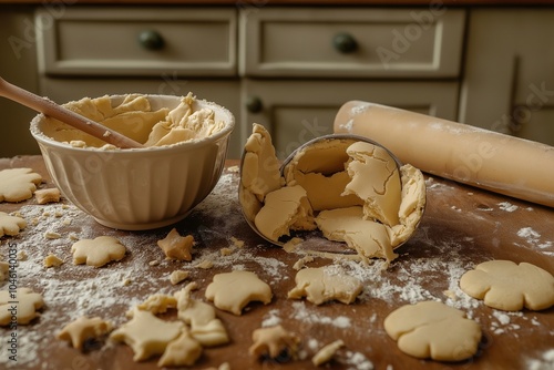 A kitchen table overloaded with half-baked Christmas cookies that have cracked and split open. There??s a bowl of dough that looks too runny.