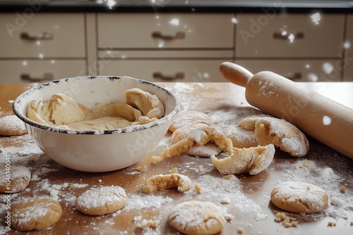 A kitchen table overloaded with half-baked Christmas cookies that have cracked and split open. There??s a bowl of dough that looks too runny.