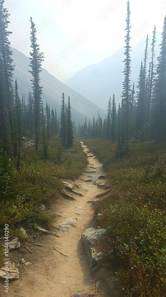 A winding path through a misty forest. A winding path through a misty forest.