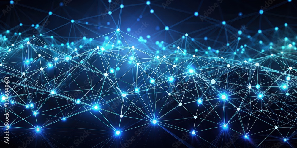 Naklejka premium A dynamic network of interconnected nodes glowing with blue light, symbolizing the intricate connections of modern communication and data transfer.