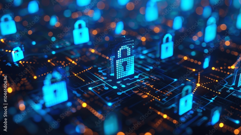 Obraz premium Digital Security Background with Padlock Icons on Blue Data Grid