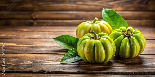 Still life of fresh garcinia cambogia on wooden background photo