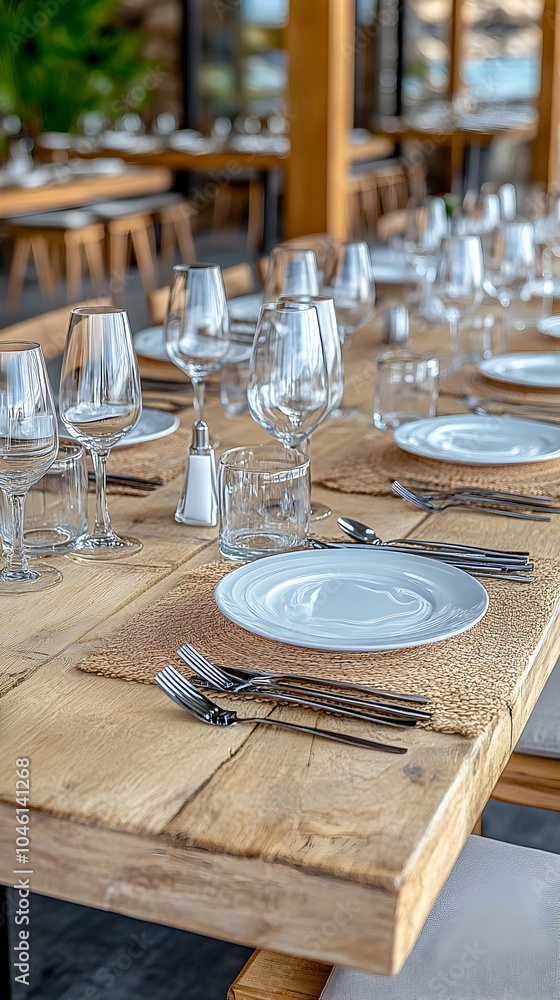 Close-up of a rustic wooden table set for a meal. Close-up of a rustic wooden table set for a meal.