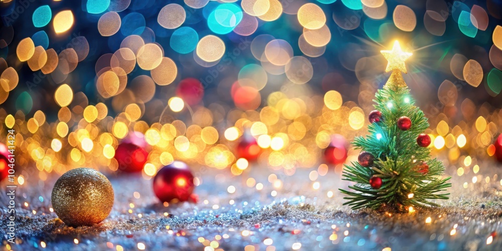 A miniature Christmas tree adorned with red ornaments, a golden star, and twinkling lights stands against a blurred backdrop of festive bokeh. A miniature Christmas tree adorned with red ornaments, a golden star, and twinkling lights stands against a blurred backdrop of festive bokeh.