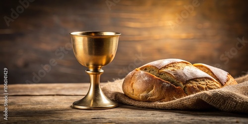 Still life of Holy Easter Communion with chalice of wine and bread, tilted angle