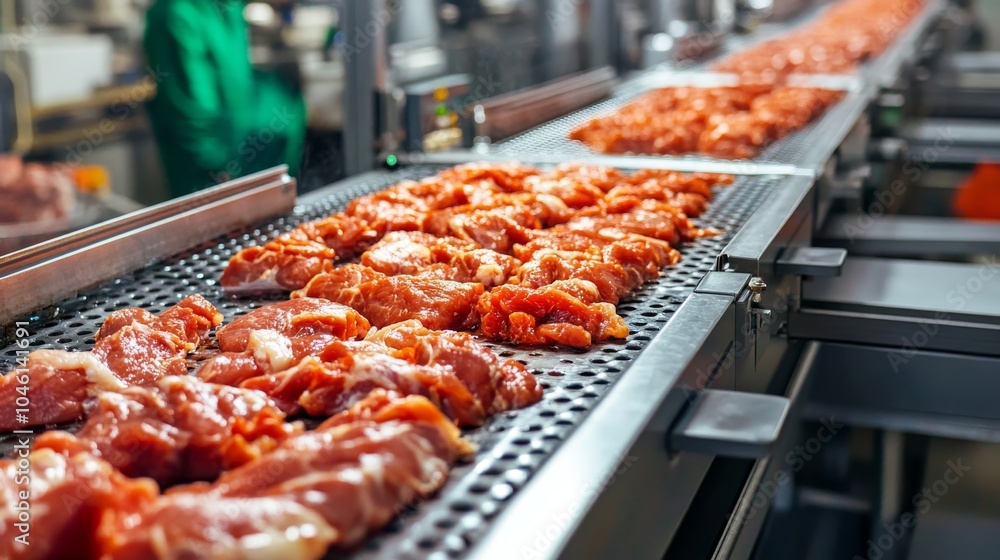 Automated production line in modern food factory.Factory for the production of food from meat.Industrial equipment at a meat factory. Automated production line in modern food factory.Factory for the production of food from meat.Industrial equipment at a meat factory.
