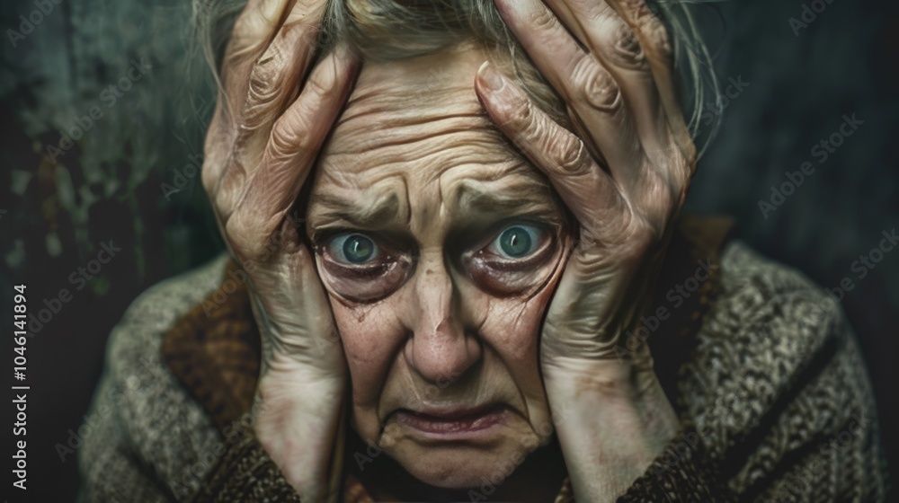 Mature depressed woman with mental illness holding head in hands Mature depressed woman with mental illness holding head in hands