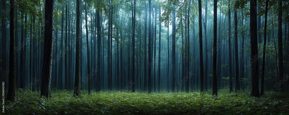 Mysterious forest with tall trees and soft mist, creating a serene atmosphere. Mysterious forest with tall trees and soft mist, creating a serene atmosphere.