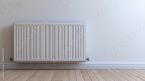 Wallpaper Mural A white radiator is mounted on a clean,light wall,complementing warm wooden floor,creating a warm and inviting atmosphere in room,copy space Torontodigital.ca
