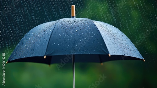 Blue umbrella with raindrops on it against a blurred green background. photo