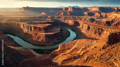 Birdâ€™s-eye view of a vast canyon with steep walls, a winding river below, and the sun casting long shadows across the landscape. . Video