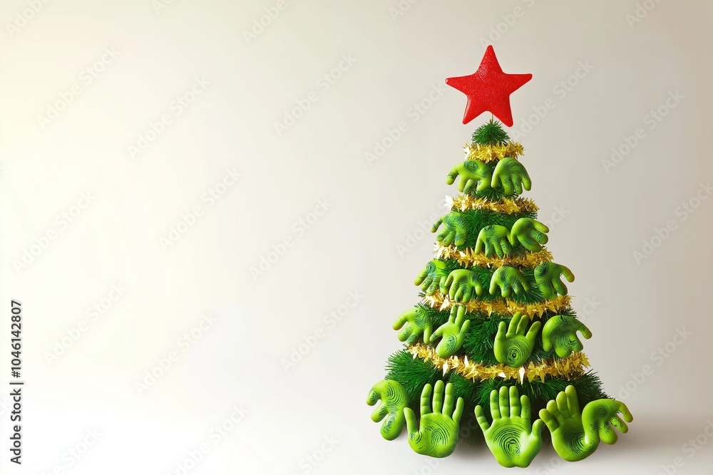 A minimalistic handprint Christmas tree using green handprints to form the shape, decorated with gold fingerprint garlands and a bright red star handprint on top. A minimalistic handprint Christmas tree using green handprints to form the shape, decorated with gold fingerprint garlands and a bright red star handprint on top.