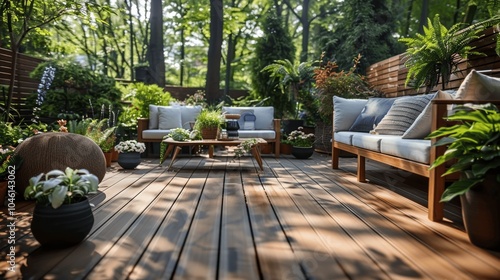 Beautiful Wooden Terrace with Garden Furniture in Natural Setting photo