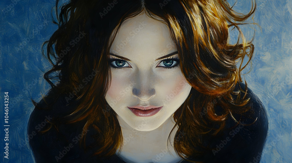 A beautiful young woman with long red hair and green eyes looks directly at the viewer. A beautiful young woman with long red hair and green eyes looks directly at the viewer.