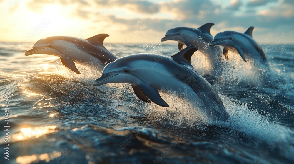 Obraz premium A group of dolphins jumping out of the ocean, with a clear blue sky above.