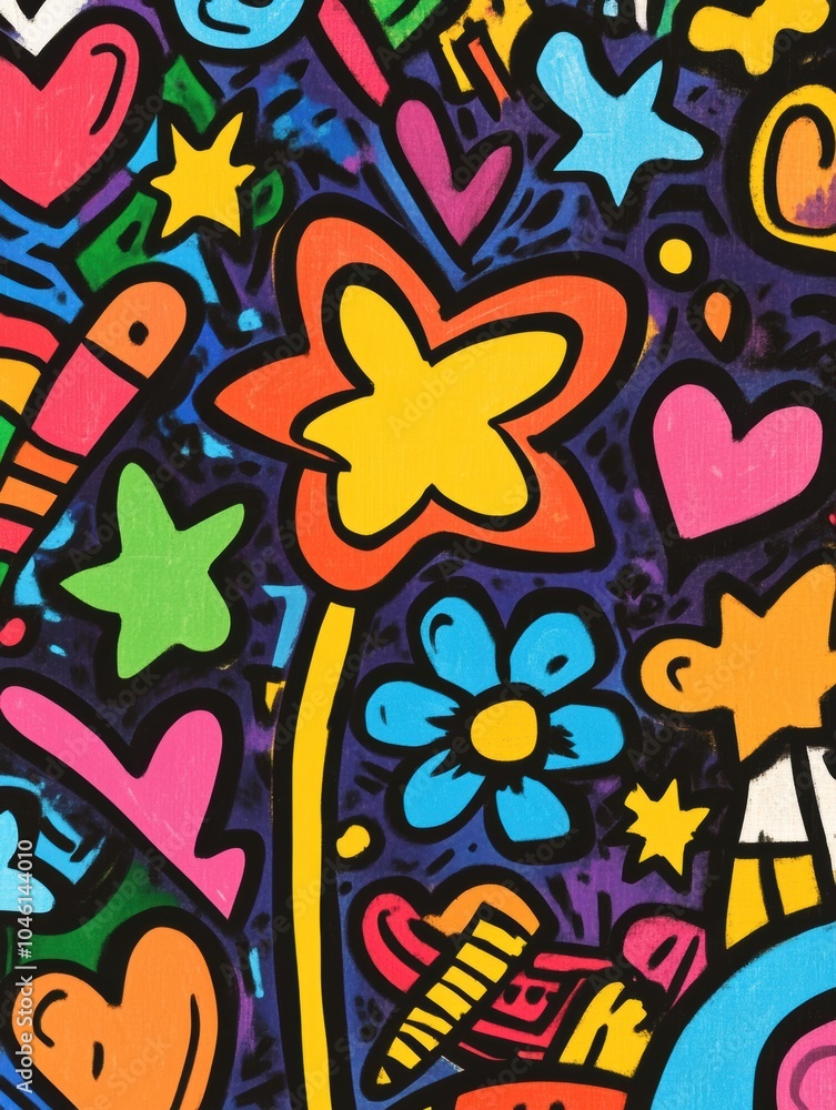 An array of lively doodles showcases vibrant icons, including stars, hearts, arrows, and flowers, creating an energetic composition. Generative AI