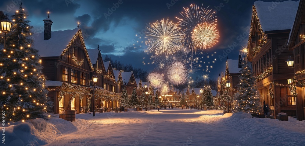 A picturesque village square covered in snow, filled with festive lights and fireworks exploding in the sky. The buildings are decorated with glowing lanterns. A picturesque village square covered in snow, filled with festive lights and fireworks exploding in the sky. The buildings are decorated with glowing lanterns.