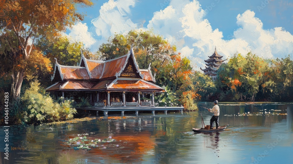 Fototapeta premium Serene Landscape with Traditional Architecture and Waterway