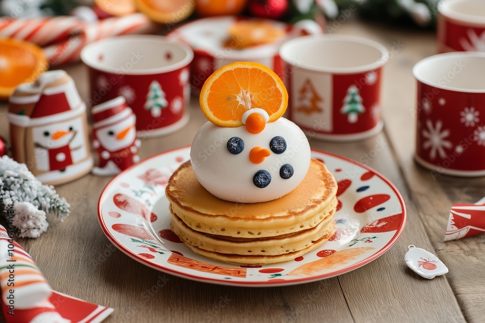 A playful holiday breakfast spread for kids with a snowman pancake stack, complete with a carrot nose made from orange slices and blueberry buttons. A playful holiday breakfast spread for kids with a snowman pancake stack, complete with a carrot nose made from orange slices and blueberry buttons.