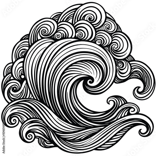 Intricate line art of abstract scrolling waves, perfect for adult colouring books and stress relief activities.