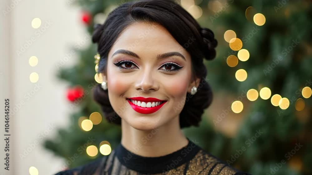 A woman smiles brightly in front of a Christmas tree A woman smiles brightly in front of a Christmas tree