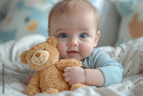 A baby holding a soft toy, chewing on it while teething.