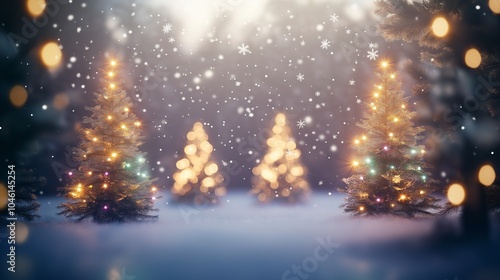 A serene winter forest filled with blurred Christmas trees glowing with soft, colorful lights. Snowflakes fall gently, each flake slightly out of focus, creating a magical.