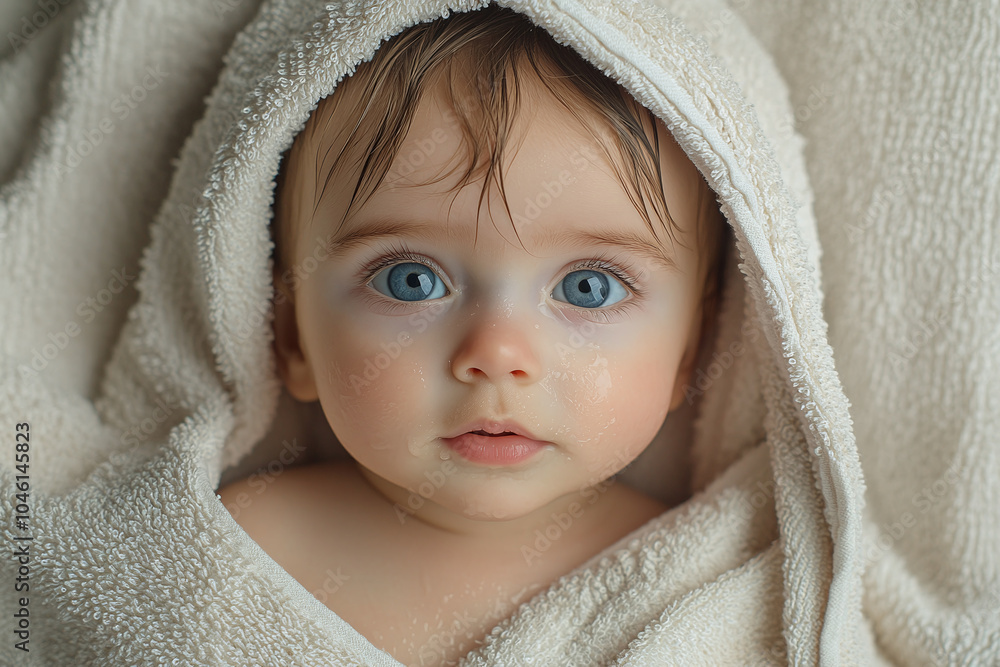 A baby wrapped in a towel after a bath, with water droplets on their skin. A baby wrapped in a towel after a bath, with water droplets on their skin.