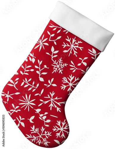 Colorful Christmas stocking with white snowflake patterns on a vibrant red background. cut out, png, transparent background. photo