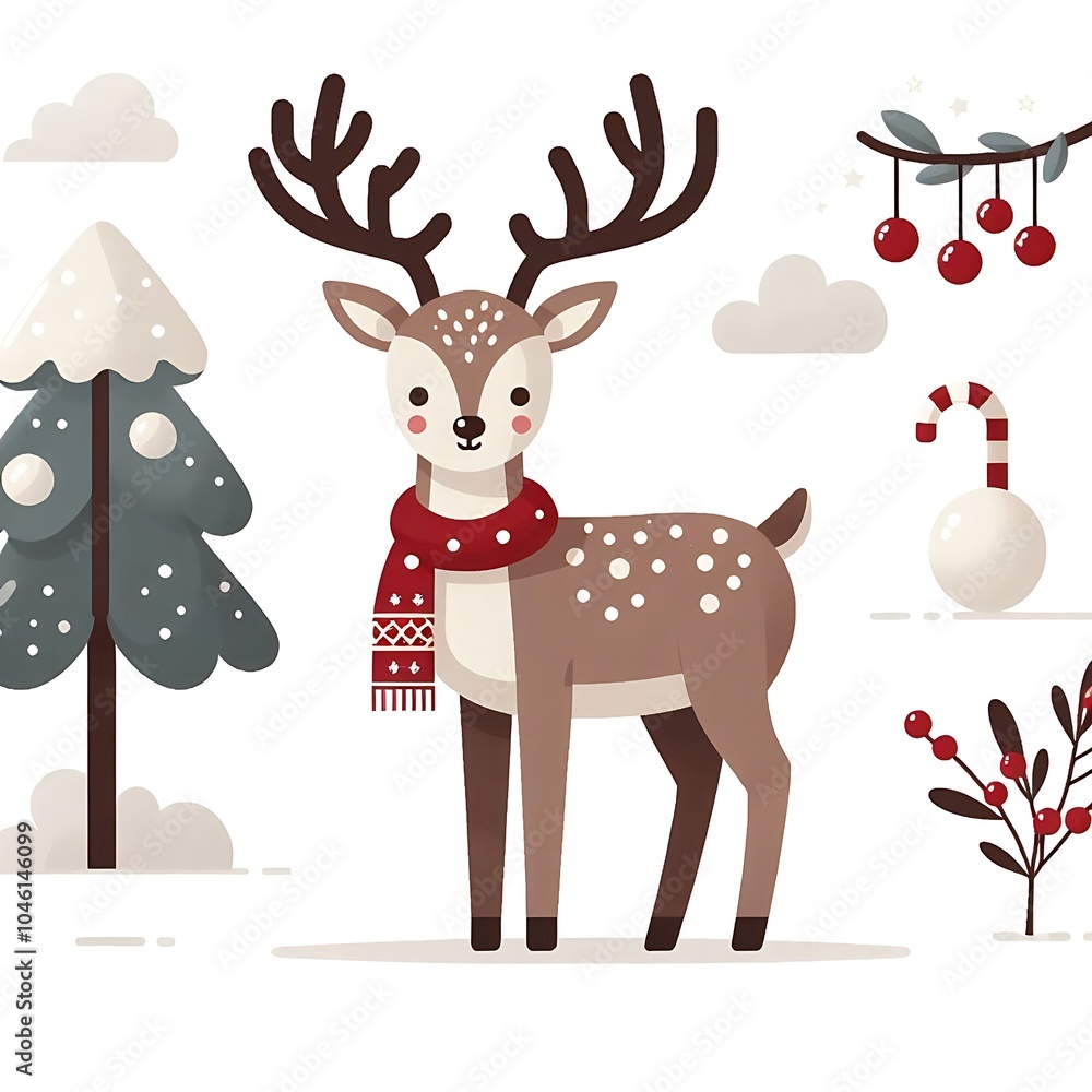 Flat, isolated illustration of a standing reindeer with large antlers. The design features smooth lines, a neutral brown color, and a simple yet elegant profile, evoking holiday themes. Flat, isolated illustration of a standing reindeer with large antlers. The design features smooth lines, a neutral brown color, and a simple yet elegant profile, evoking holiday themes.