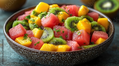 A vibrant bowl of tropical fruit salad, with kiwi, mango, and watermelon.