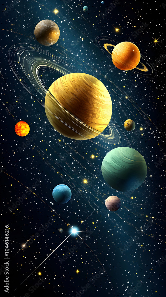 A vibrant illustration of the solar system with planets, stars, and a comet. A vibrant illustration of the solar system with planets, stars, and a comet.