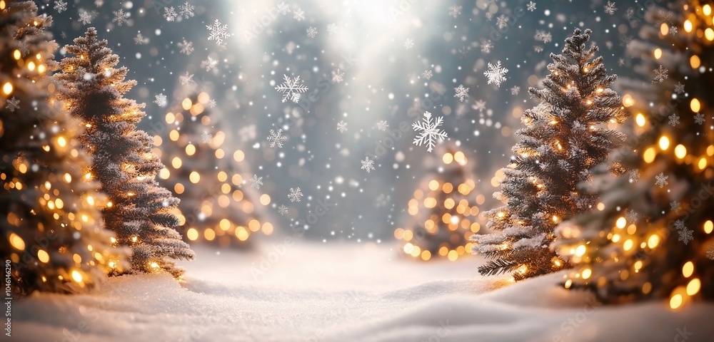 A soft, dreamy scene with blurred snowflakes falling gently against a backdrop of glowing Christmas trees. A soft, dreamy scene with blurred snowflakes falling gently against a backdrop of glowing Christmas trees.