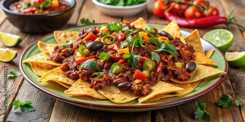 A Plate of Crispy Tortilla Chips Topped with Savory Chili, Fresh Cilantro, and Spicy Peppers, a Delightful and Flavorful Mexican Dish