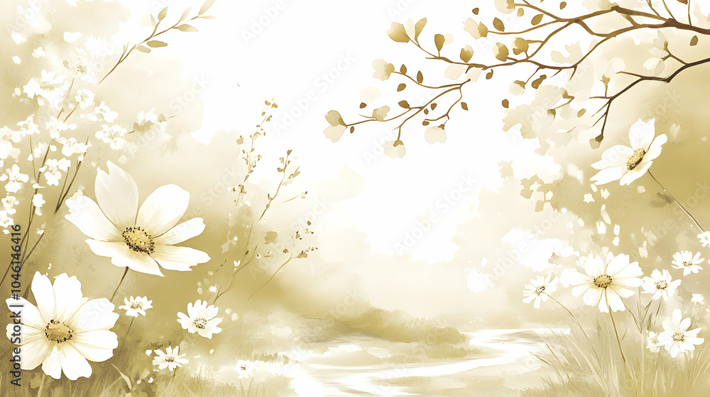 Abstract watercolor painting of a field of white flowers and a path leading into a forest. Abstract watercolor painting of a field of white flowers and a path leading into a forest.