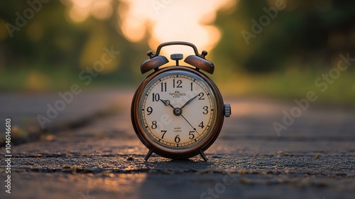 Vintage Alarm Clock on a Stone Path at Sunrise