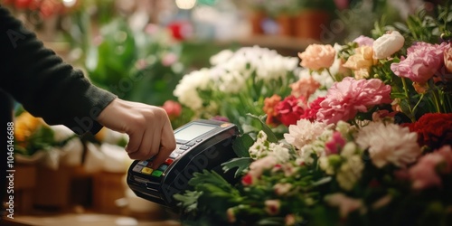 Credit card swipe at a florist, capturing the payment process in action photo