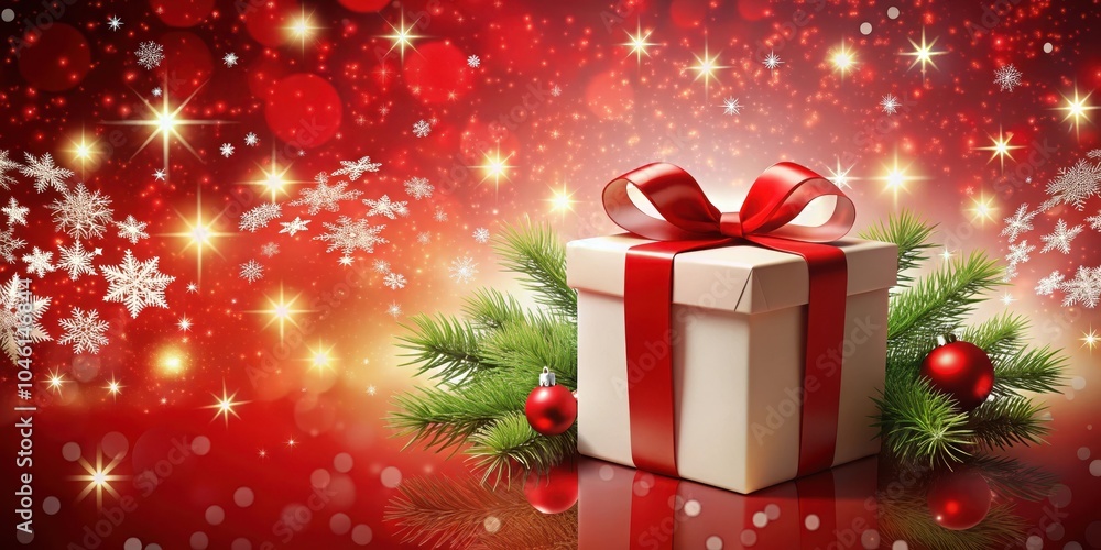 A festive gift box with a red bow and ornaments, set against a sparkling backdrop of snowflakes and twinkling lights. A festive gift box with a red bow and ornaments, set against a sparkling backdrop of snowflakes and twinkling lights.