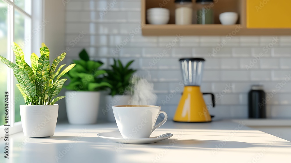 Steaming cup of coffee on a white countertop in a modern kitchen, with houseplants and sunlight creating a cozy atmosphere. Steaming cup of coffee on a white countertop in a modern kitchen, with houseplants and sunlight creating a cozy atmosphere.