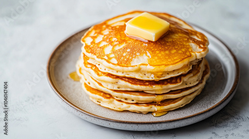 Comfort food concept,stack of golden-brown pancakes topped with a pat of butter and drizzled with maple syrup,served on a neutral plate,showcasing a delicious breakfast treat,copy space