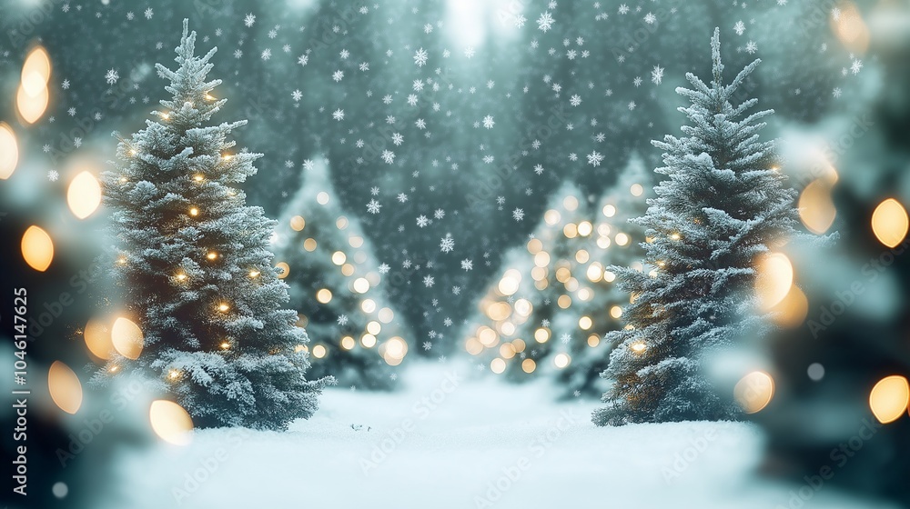 Obraz premium A tranquil forest clearing filled with snow-covered Christmas trees, their lights casting a soft, blurred glow. 