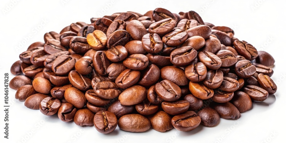 Fototapeta premium Close-up of roasted coffee beans, capturing their rich brown color and smooth texture, isolated against a clean white background.
