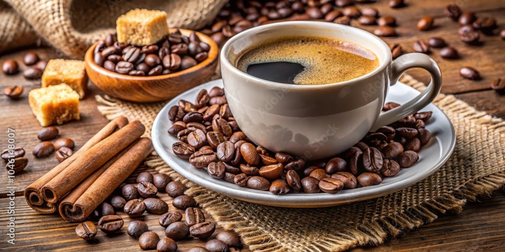A cup of coffee with a delicate foam layer sits on a saucer surrounded by coffee beans, cinnamon sticks, and brown sugar cubes, all resting on a rustic wooden surface. A cup of coffee with a delicate foam layer sits on a saucer surrounded by coffee beans, cinnamon sticks, and brown sugar cubes, all resting on a rustic wooden surface.