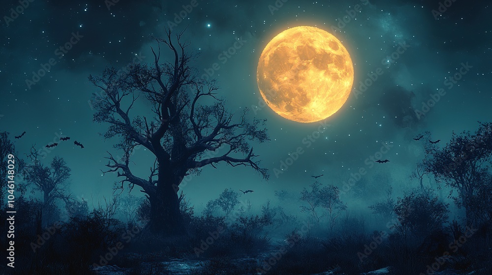 A Silhouetted Tree and Bats Under a Full Moon in a Foggy Forest A Silhouetted Tree and Bats Under a Full Moon in a Foggy Forest