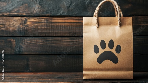 Brown paper bag with black paw print, rustic wooden background photo