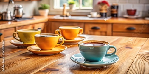 A single blue cup of coffee stands out on a wooden table amongst three other cups, suggesting a unique choice or a pause in routine.