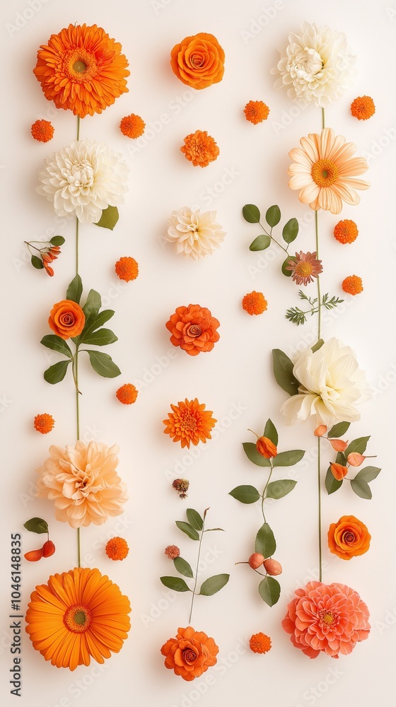 Fototapeta premium Autumn floral arrangement with orange and white blossoms and greenery on light background